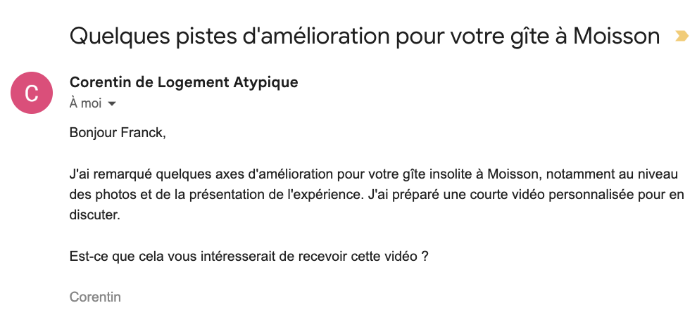 voici un exemple d’email que j’envoie à des propriétaires airbnb