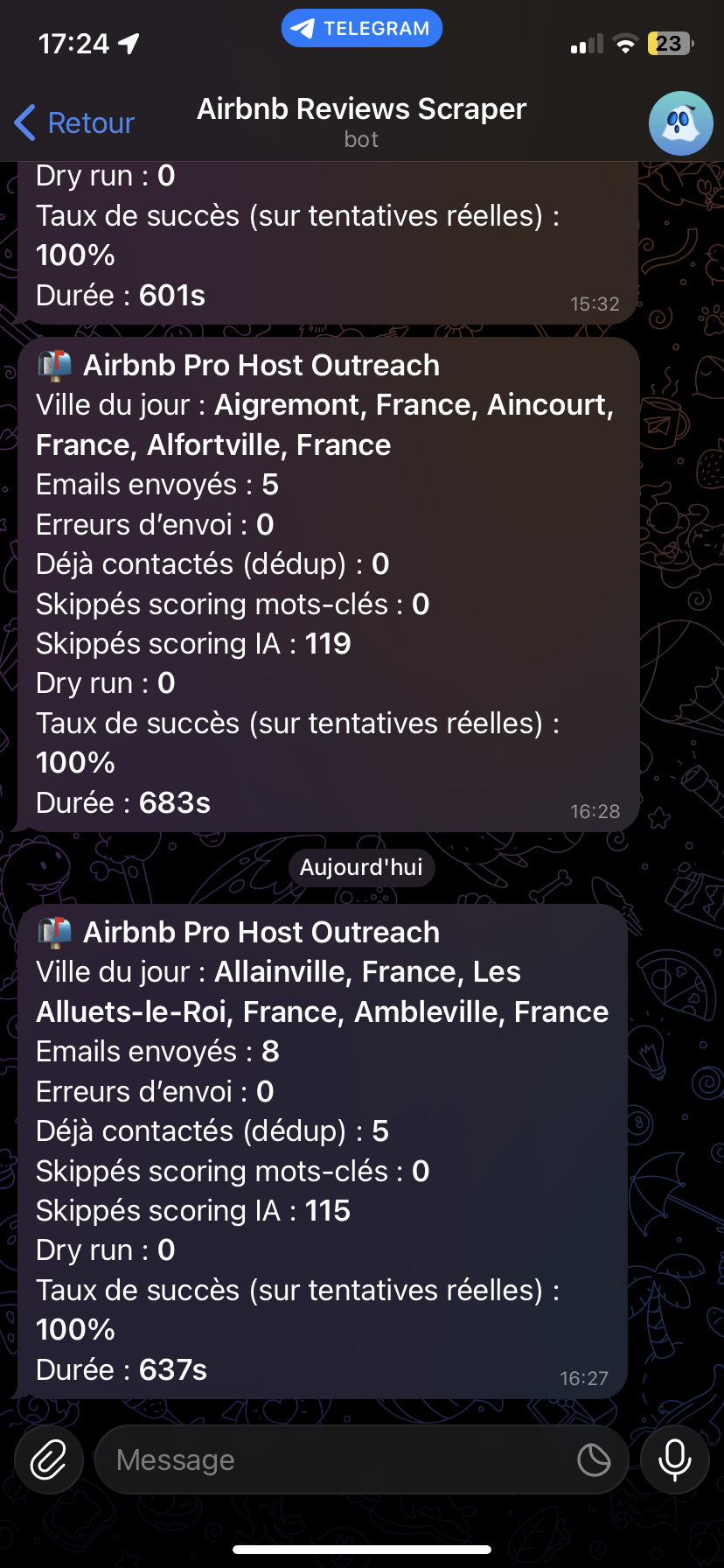 interface telegram pour validation d’envoi de messages de prospection