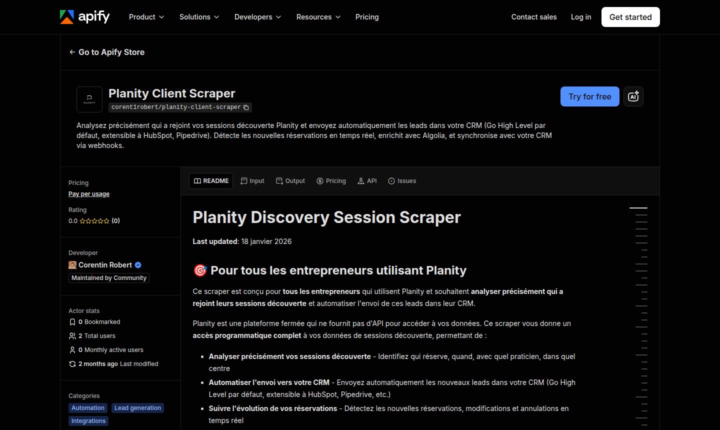 Planity Client Scraper sur Apify